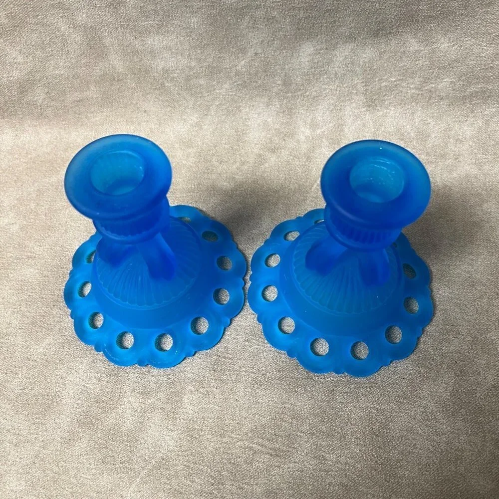 1960s Mid-Century Westmoreland Art Glass Candle Holders in Blue Satin Mist, Dori